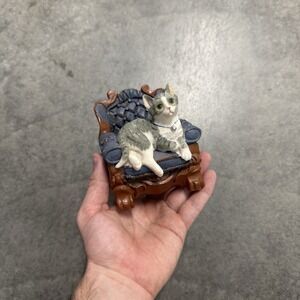 Vintage Gray Tabby Cat on Victorian Chair Figurine Resin Kitty Home Decor